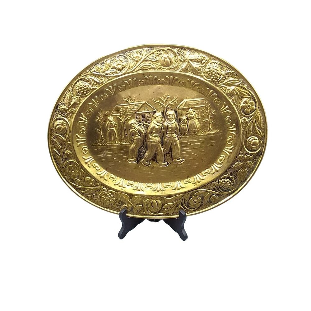 Vintage Brass Oval Platter, Repousse Ice Skating Dutch Winter Pond Scene